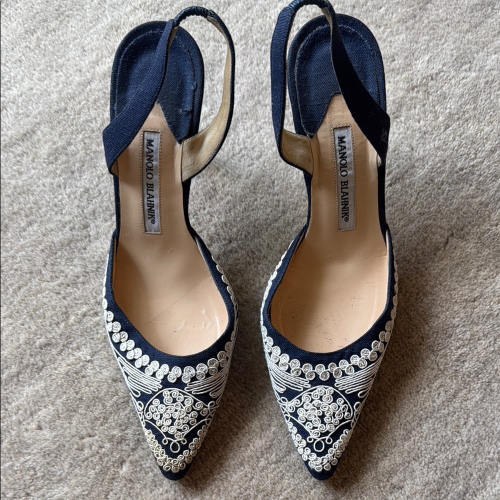 Manolo Blahnik Navy and White Heels with Elegant Embellishments